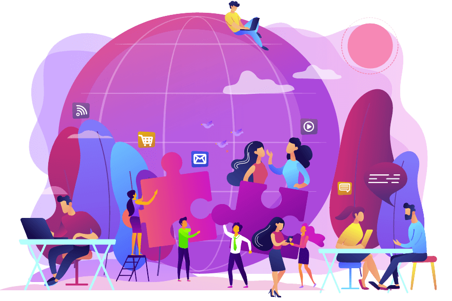 Illustration of a group of people communicating around a globe