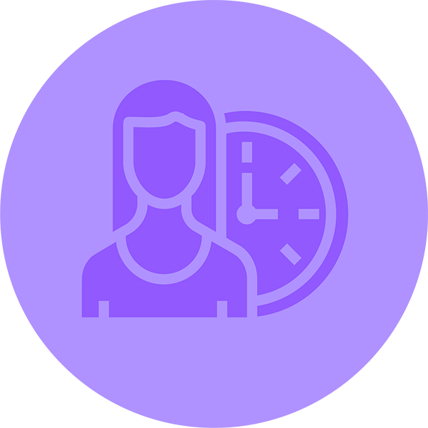 Mauve round icon with womans head and a clock time symbol
